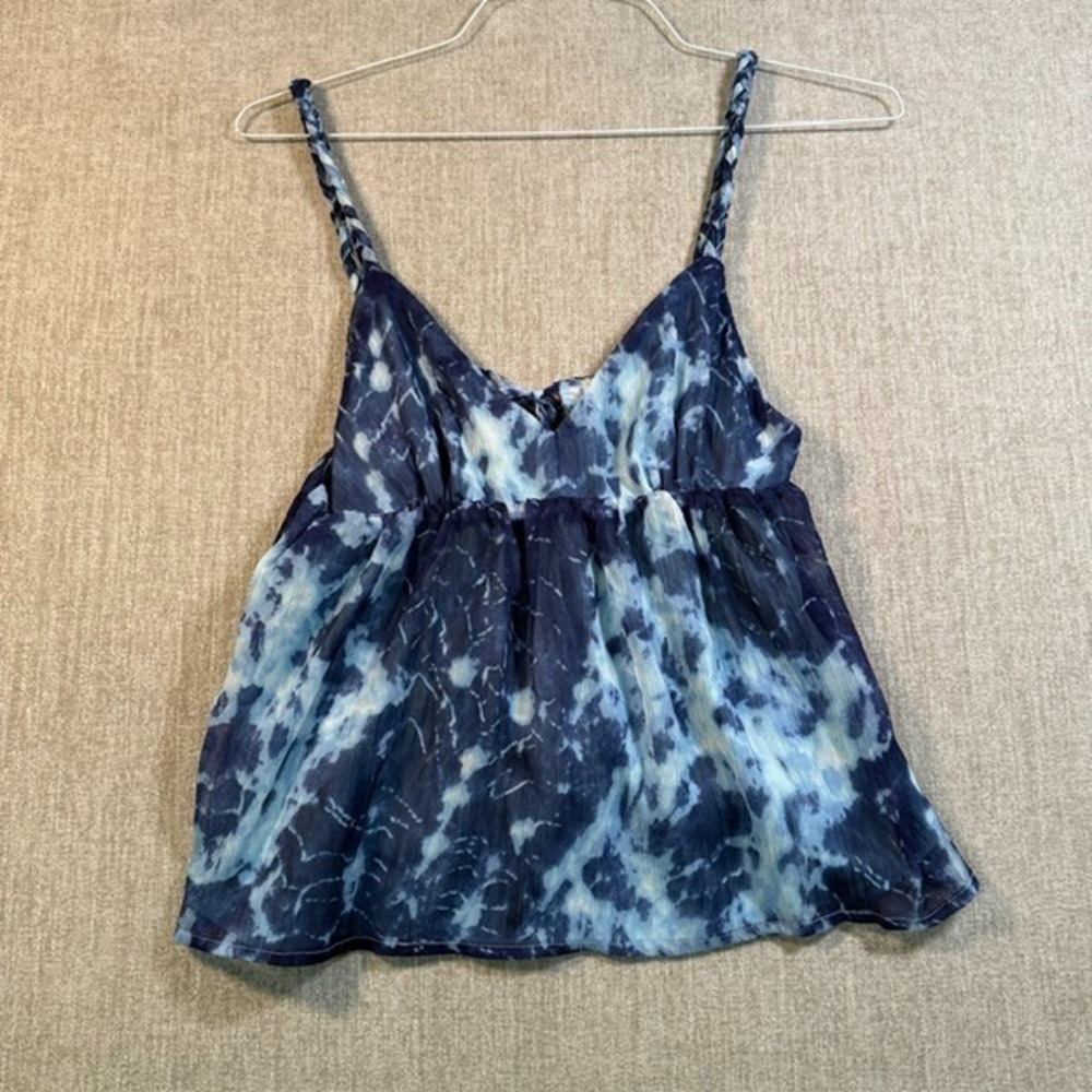 Sim & Sam XL Blue Tie Dye V-Neck Braided Strap Tie Back Baby Doll Tank Top
